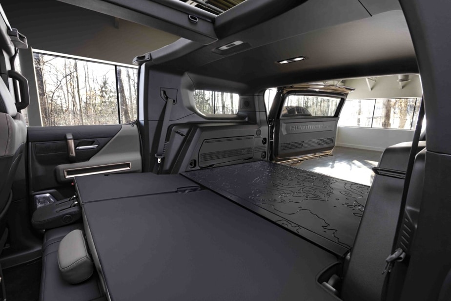 The trunk of the Hummer EV SUV, with the seats folded down